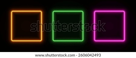 Neon square frame glow. Box border led light. Set of vector laser fluorescent templates for game design isolated on dark background.