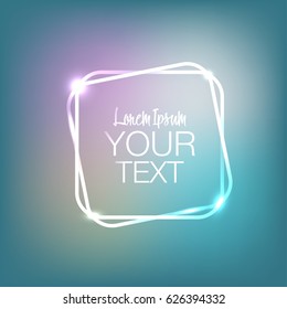 Neon square frame with glow light effect. Shining square banner with sparkles and flares. Space for text. Vector