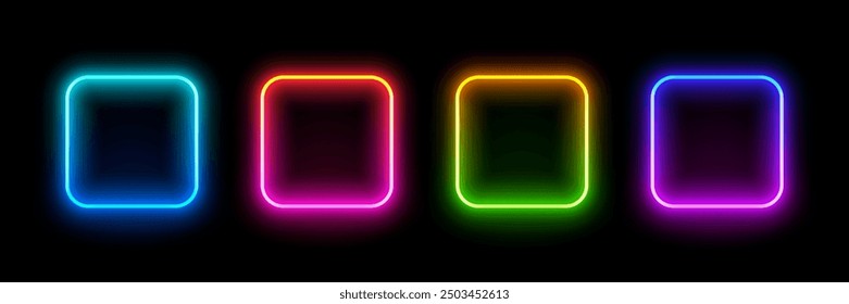 Neon square frame. Illuminate frame design. Set of square neon border. Futuristic graphic element for social media. Glowing neon lighting on dark background. Blue, pink, purple, violet. Vector