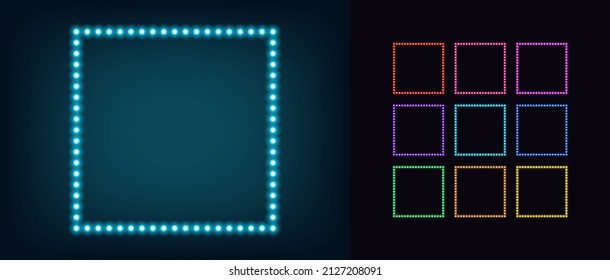 Neon square frame with lamps. Glowing neon box, border set with bulbs. Garland frame collection with copy space, Vector templates with quadrate shape for banner, story and social media presentation