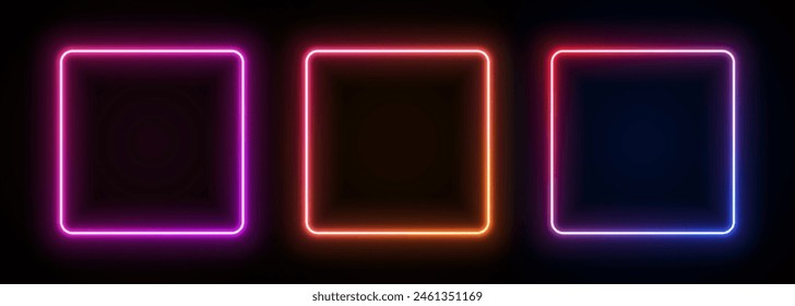 Neon square frame. Led gradient box light. Laser glow geometric border. Bright electric portal. Fluorescent template for banner with text.