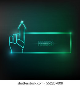 Neon square frame with light blue color with  hand and arrow. Business concept of progress. Vector illustration.