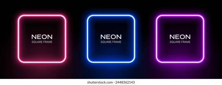 Neon square frame. Light box border. Led glow on a black background. Electric gradient banner template. Set of vector laser fluorescent elements.