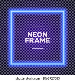 Neon square frame on transparent background for poster party, cafe, shop, banner, promotion, restaurant. Bright signboard cyan color. Vector Illustration 10 eps