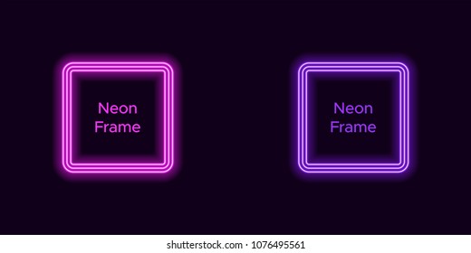Neon square frame in purple and violet color. Vector template of neon frame consisting of three outlines, with soft backlight on the dark background