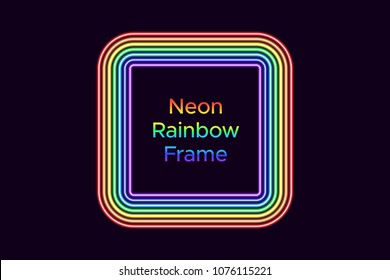 Neon square frame in rainbow color. Vector template of rainbow neon frame consisting of seven outlines on the dark background