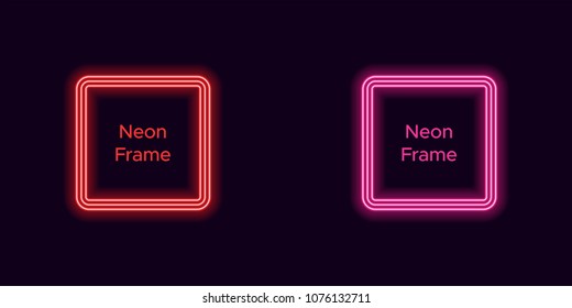 Neon square frame in red and pink color. Vector template of neon frame consisting of three outlines, with soft backlight on the dark background