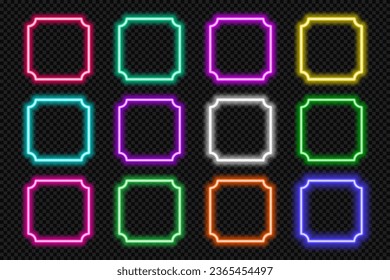 Neon square frame set. Glowing coloful rounded corners border. Vintage shape action button UI elements with copy space. Purple, blue, pink, yellow, green, red text boxes. Vector illustration.