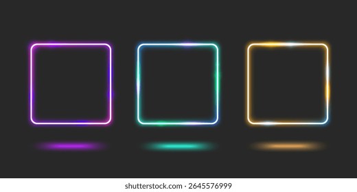 Quadro quadrado de néon definido com brilho no fundo escuro - bordas de gradiente roxas, verdes e amarelas com efeitos de reflexão para design futurista. Caixa de luz elétrica com cantos arredondados para interface moderna
