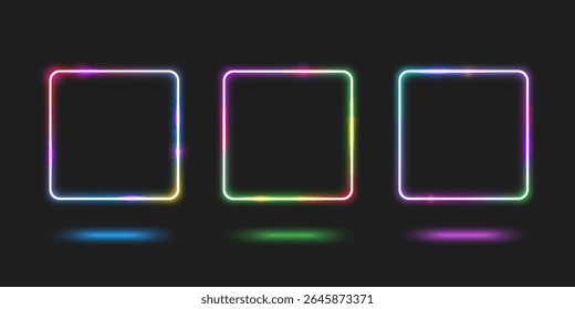 Quadro quadrado de néon definido brilhante no fundo escuro - bordas de gradiente roxo, verde e azul com efeitos de reflexão para design futurista. Caixa de luz elétrica com cantos arredondados para interface moderna