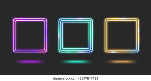Quadro quadrado de néon definido com brilho no fundo escuro - bordas de gradiente roxas, verdes e amarelas com efeitos de reflexão para design futurista. Caixa de luz elétrica com cantos arredondados para interface moderna