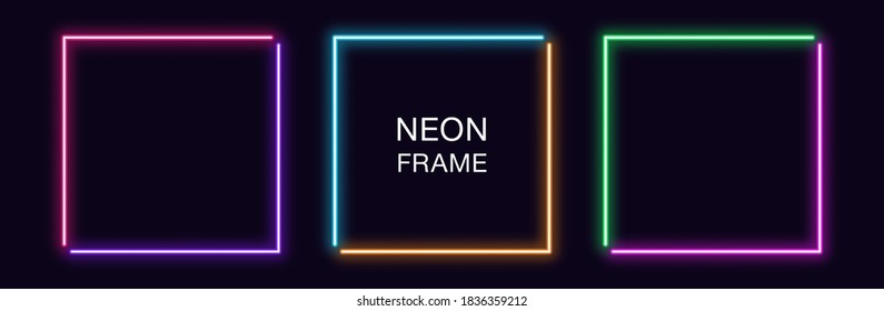 Neon square Frame. Set of quadrate neon Border in 2 angular parts. Geometric shape with copy space, futuristic glowing element for social media stories. Purple, pink, orange, azure. Fully Vector