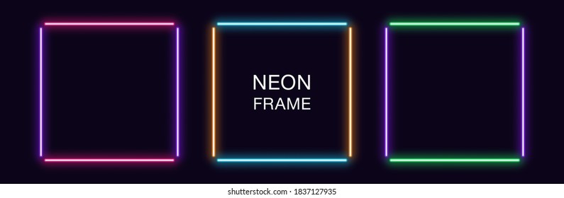 Neon square Frame. Set of quadrate neon Border in 4 outline parts. Geometric shape with copy space, futuristic glowing element for social media stories. Violet, pink, orange, azure. Fully Vector