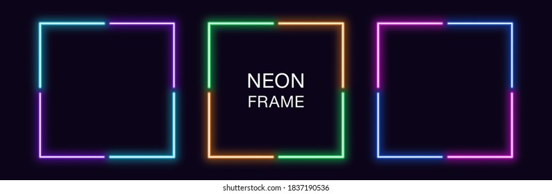 Neon square Frame. Set of quadrate neon Border in 4 angular parts. Geometric shape with copy space, futuristic glowing element for social media stories. Violet, blue, purple, green. Fully Vector