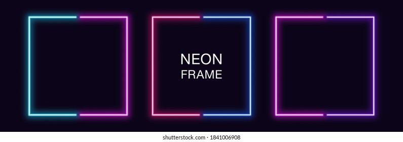 Neon square Frame. Set of quadrate neon Border in 2 outline parts. Geometric shape with copy space, futuristic graphic element for social media stories. Blue, pink, purple, violet. Fully Vector