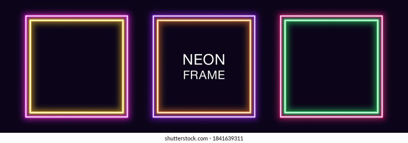 Neon square Frame. Set of quadrate neon Border with double outline. Geometric shape with copy space, futuristic graphic element for social media stories. Yellow, purple, orange, green. Fully Vector