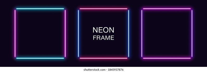 Neon square Frame. Set of quadrate neon Border in 4 outline parts. Geometric shape with copy space, futuristic glowing element for social media stories. Blue, pink, purple, violet. Fully Vector