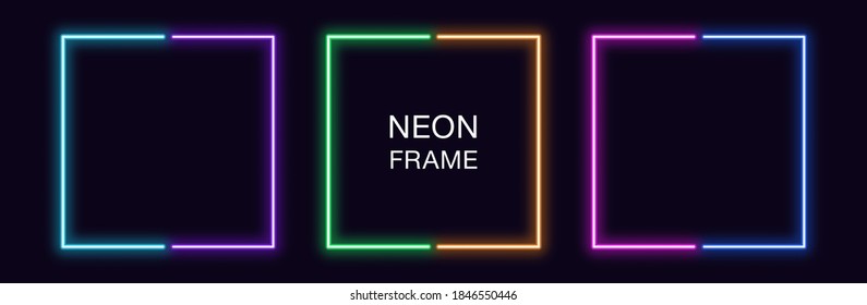 Neon Quadrat Rahmen. Set aus quadratischem Neonrand in 2 Umrissteilen. Geometrische Form mit Kopienraum, futuristisches grafisches Element für Social-Media-Geschichten. Violett, blau, violett, grün. Voller Vektorgrafik