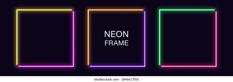 Neon square Frame. Set of quadrate neon Borders with 2 angular parts. Geometric shape with copy space, futuristic glowing element for social media stories. Yellow, purple, orange, green. Fully Vector