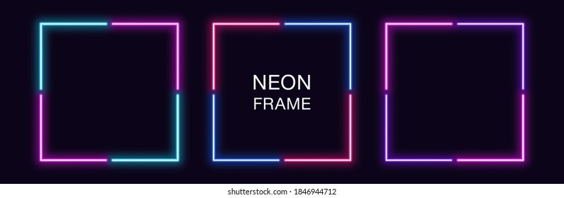 Neon square Frame. Set of quadrate neon Border in 4 angular parts. Geometric shape with copy space, futuristic glowing element for social media stories. Blue, pink, purple, violet. Fully Vector