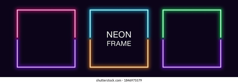 Neon square Frame. Set of quadrate neon Border in 2 outline parts. Geometric shape with copy space, futuristic graphic element for social media stories. Violet, pink, orange, azure. Fully Vector