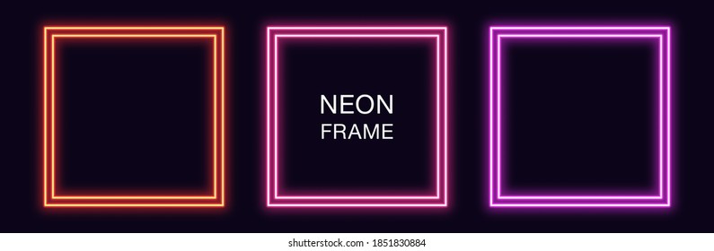 Neon square Frame. Set of quadrate neon Border with double outline. Geometric shape with copy space, futuristic graphic element for social media stories. Red, pink, purple color. Fully Vector