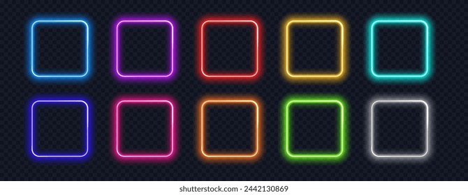 Neon square frame set realistic. Colorful glowing rectangle borders isolated. Action button UI elements with copy space.