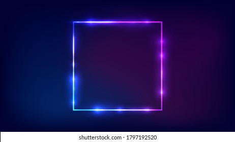 Neon square frame with shining effects on dark background. Empty glowing techno backdrop. Vector illustration.