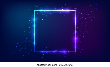 Neon square frame with shining effects and sparkles on dark background. Empty glowing techno backdrop. Vector illustration.