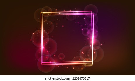 Neon square frame with shining effects and sparkles on dark background. Empty glowing techno backdrop. Vector illustration