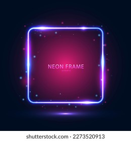 Neon square frame with shining effects and highlights on a dark blue pink background. Abstract futuristic neon background. Vector illustration.