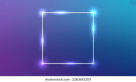 Neon-Quadrat-Rahmen mit leuchtenden Effekten auf blauem Hintergrund. Leere leuchtende Techno-Hintergrund. Vektorgrafik