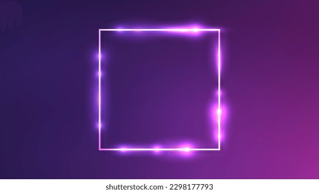 Neon square frame with shining effects on dark purple background. Empty glowing techno backdrop. Vector illustration