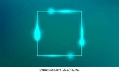 Neon square frame with shining effects on dark green background. Empty glowing techno backdrop. Vector illustration