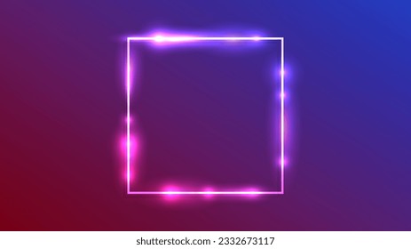 Neon square frame with shining effects on dark purple background. Empty glowing techno backdrop. Vector illustration