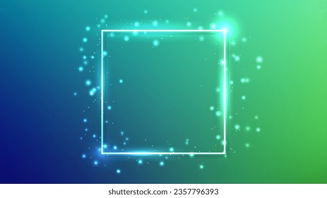 Neon square frame with shining effects and sparkles on dark green background. Empty glowing techno backdrop. Vector illustration