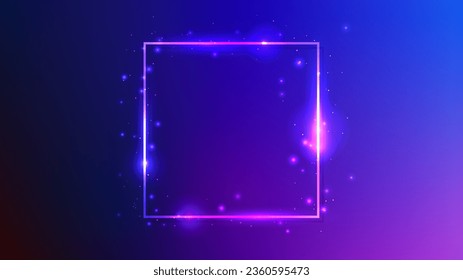 Neon square frame with shining effects and sparkles on dark blue background. Empty glowing techno backdrop. Vector illustration