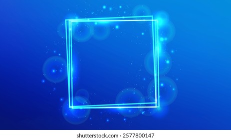 Neon square frame with shining effects and sparkles on blue background. Empty glowing techno backdrop. Vector illustration