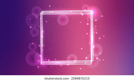 Neon square frame with shining effects and sparkles on purple background. Empty glowing techno backdrop. Vector illustration
