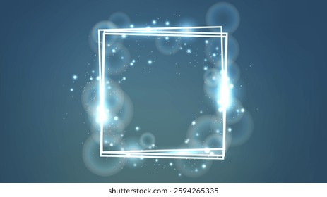 Neon square frame with shining effects and sparkles on dark background. Empty glowing techno backdrop. Vector illustration