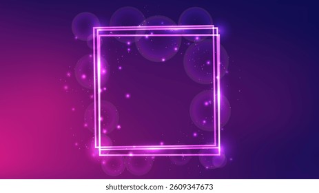 Neon square frame with shining effects and sparkles on purple background. Empty glowing techno backdrop. Vector illustration