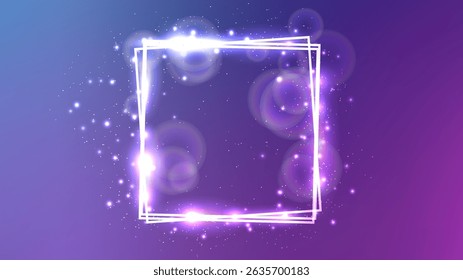 Neonquadratischer Rahmen mit glänzenden Effekten und glitzert auf violettem Hintergrund. Leere glühende Techno-Kulisse. Vektorgrafik