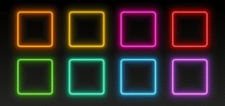 Neon Square Frames, Glowing Borders Set, Colorful Futuristic UI Design Elements. Vibrant Glowing Rectangles, Modern Signs, Avatar Frames Isolated On Dark Backdrop. Vector Illustration.