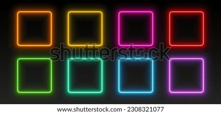 Neon square frames, glowing borders set, colorful futuristic UI design elements. Vibrant glowing rectangles, modern signs, avatar frames isolated on dark backdrop. Vector illustration.