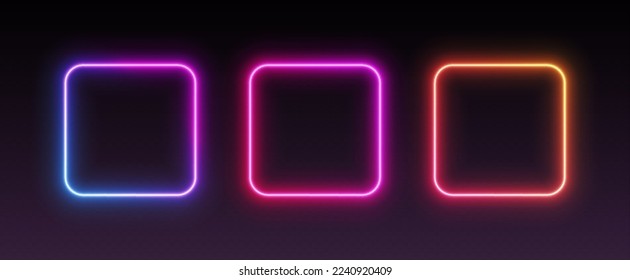 Neon square frames, gradient glowing borders, isolated UI elements. Futuristic avatar frames for game interface. Vector illustration.