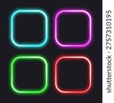 Neon square frames with round edges, colorful set, vector illustration.