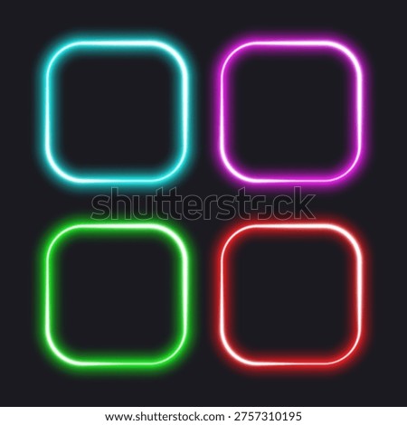 Neon square frames with round edges, colorful set, vector illustration.