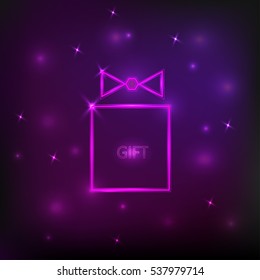 Neon square gift box with ribbon on background. Gift box icon. Vector illustration.