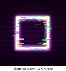 Neon square with glitch effect abstract style, vector illustration isolated on black background. Illuminated distorted glitch quadrate frame, modern glowing digital or graphic design element