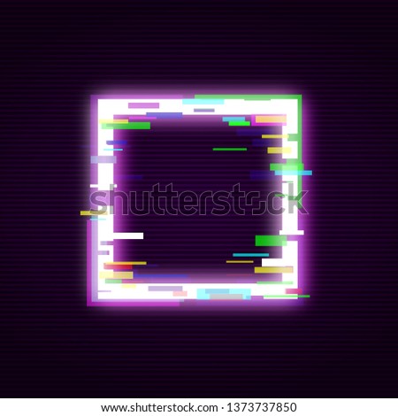 Neon square with glitch effect abstract style, vector illustration isolated on black background. Illuminated distorted glitch quadrate frame, modern glowing digital or graphic design element